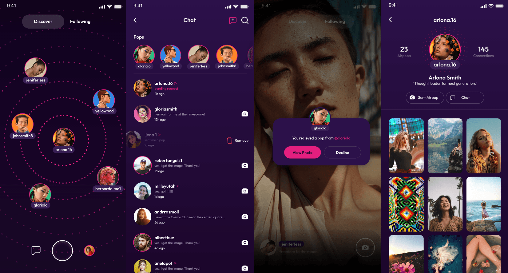 Four Airpop app screens: nearby people discovery, chat list, a received photo pop, and a user profile