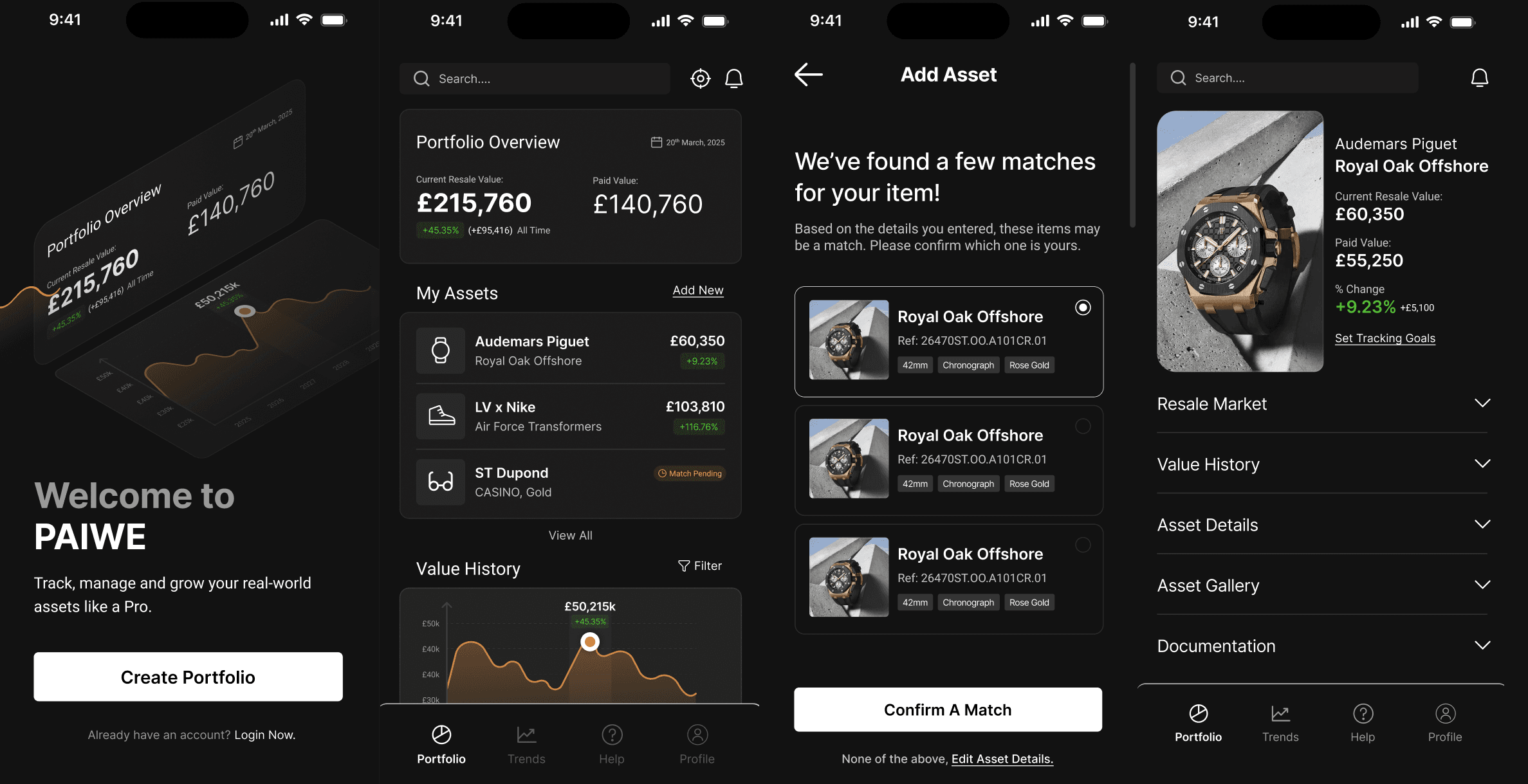 Four PAIWE app screens: onboarding, portfolio overview with value history, adding an asset, and an asset detail page